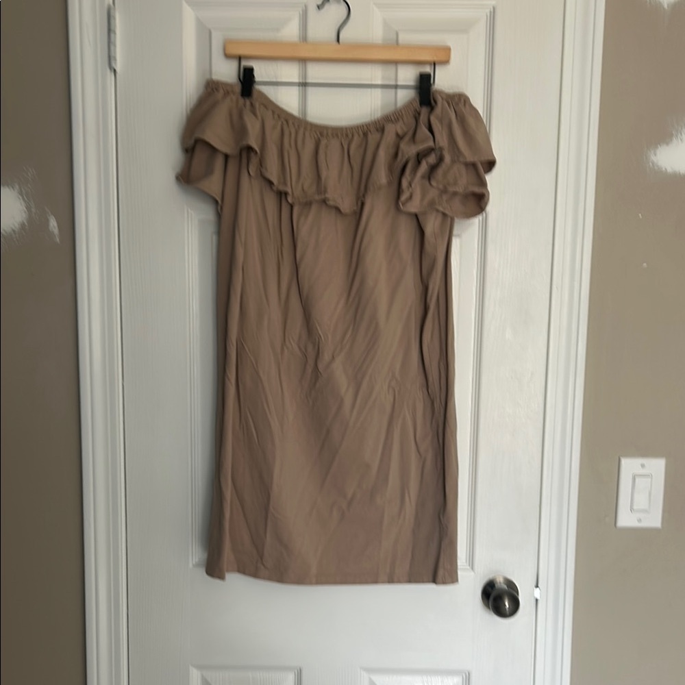 Off-Shoulder Ruffle Dress in Tan
